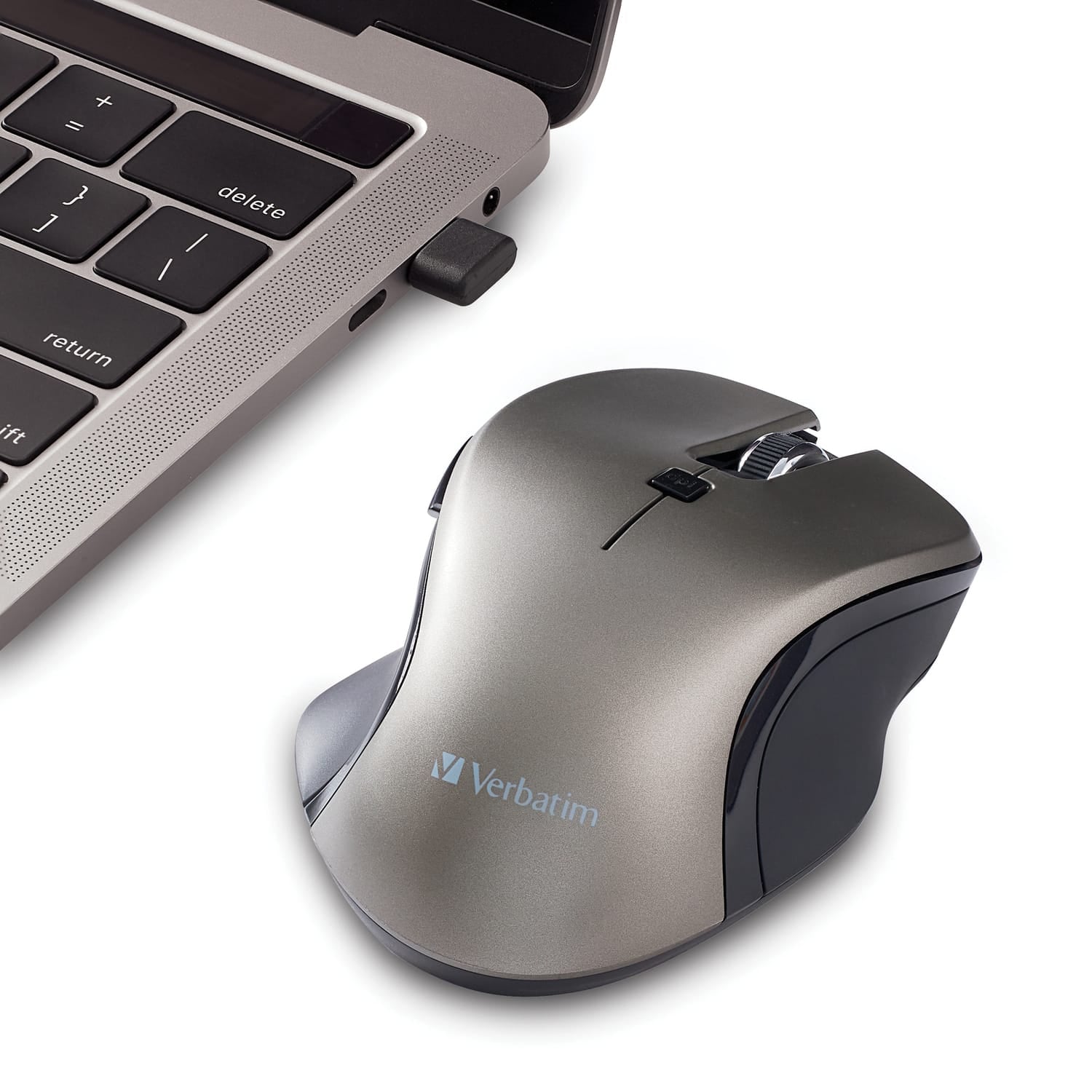 Verbatim Wireless Blue-LED Computer Mouse with USB-C Nano Receiver, 6 Buttons, 2.4 GHz, Graphite