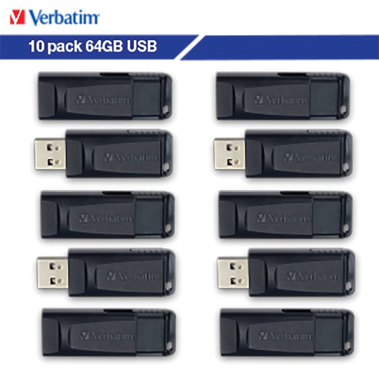 Verbatim Store ‘n’ Go USB-A Flash Drives, Business Bulk 10 Count, Black, 64 GB