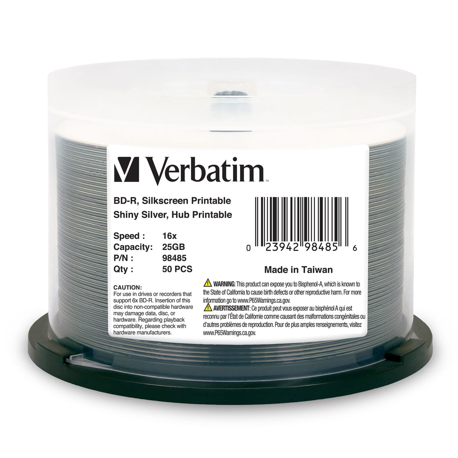 Verbatim BD-R 25-GB 16x Shiny Silver Silk-Screen-Printable Recordable Disc Spindle, 50 Pack