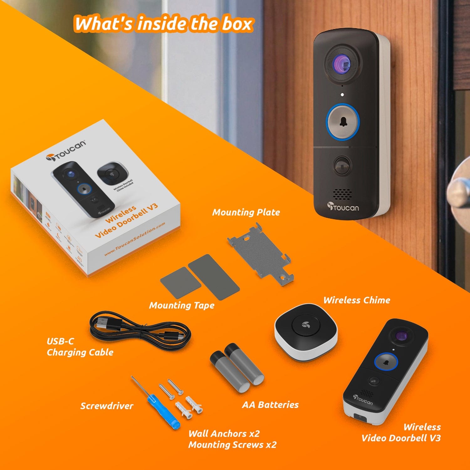 Toucan V3 Wireless 1080p Video Doorbell with Chime – No Monthly Fee Required