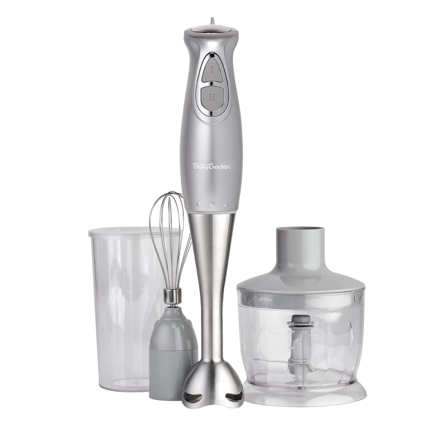 Betty Crocker 2-Speed Corded Electric Hand Blender with Beaker, Chopper, and Whisk, Silver