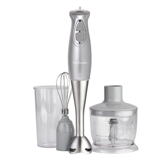 Betty Crocker 2-Speed Corded Electric Hand Blender with Beaker, Chopper, and Whisk, Silver