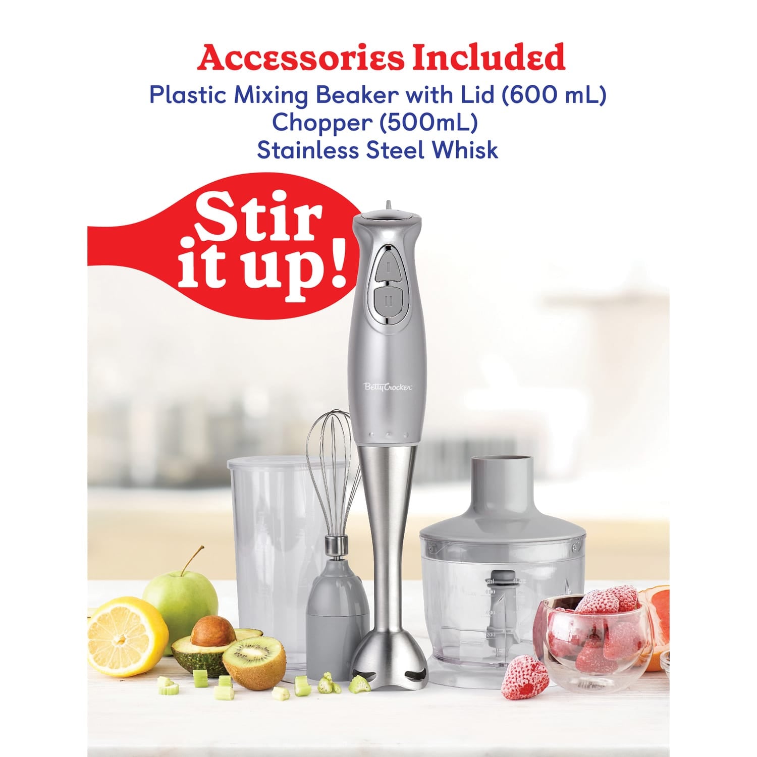 Betty Crocker 2-Speed Corded Electric Hand Blender with Beaker, Chopper, and Whisk, Silver