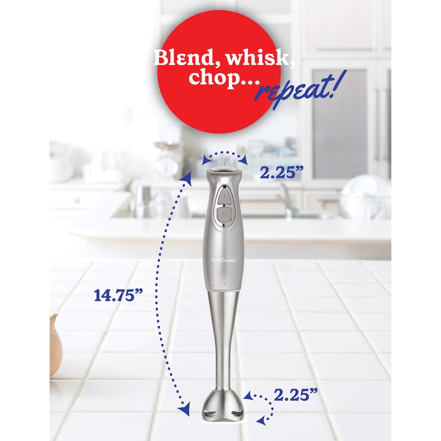 Betty Crocker 2-Speed Corded Electric Hand Blender with Beaker, Chopper, and Whisk, Silver