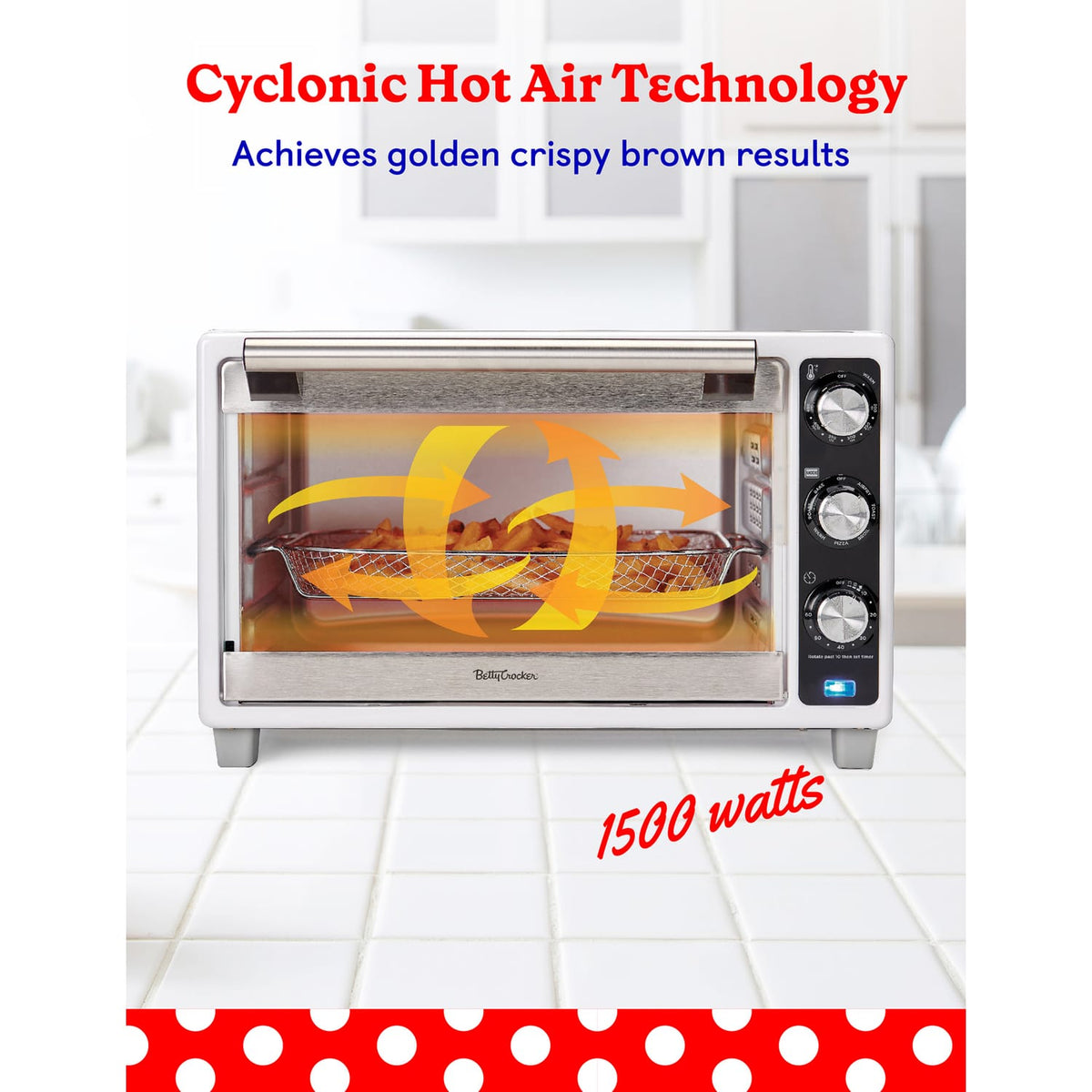 Betty Crocker 0.77-Cu. Ft. 1500-Watt Air Fryer Convection Toaster Oven with 7 Functions, BC-4637, White