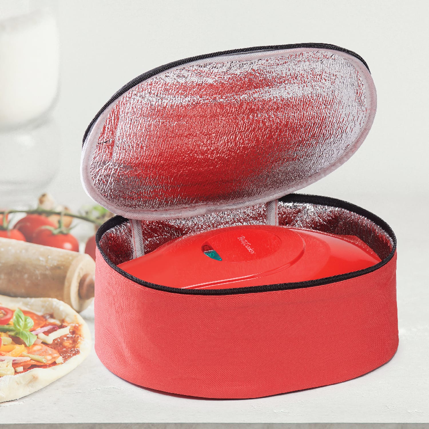 Betty Crocker 8-In. Indoor Electric Travel Nonstick Pizza Maker Plus with Insulated Travel Bag, Red