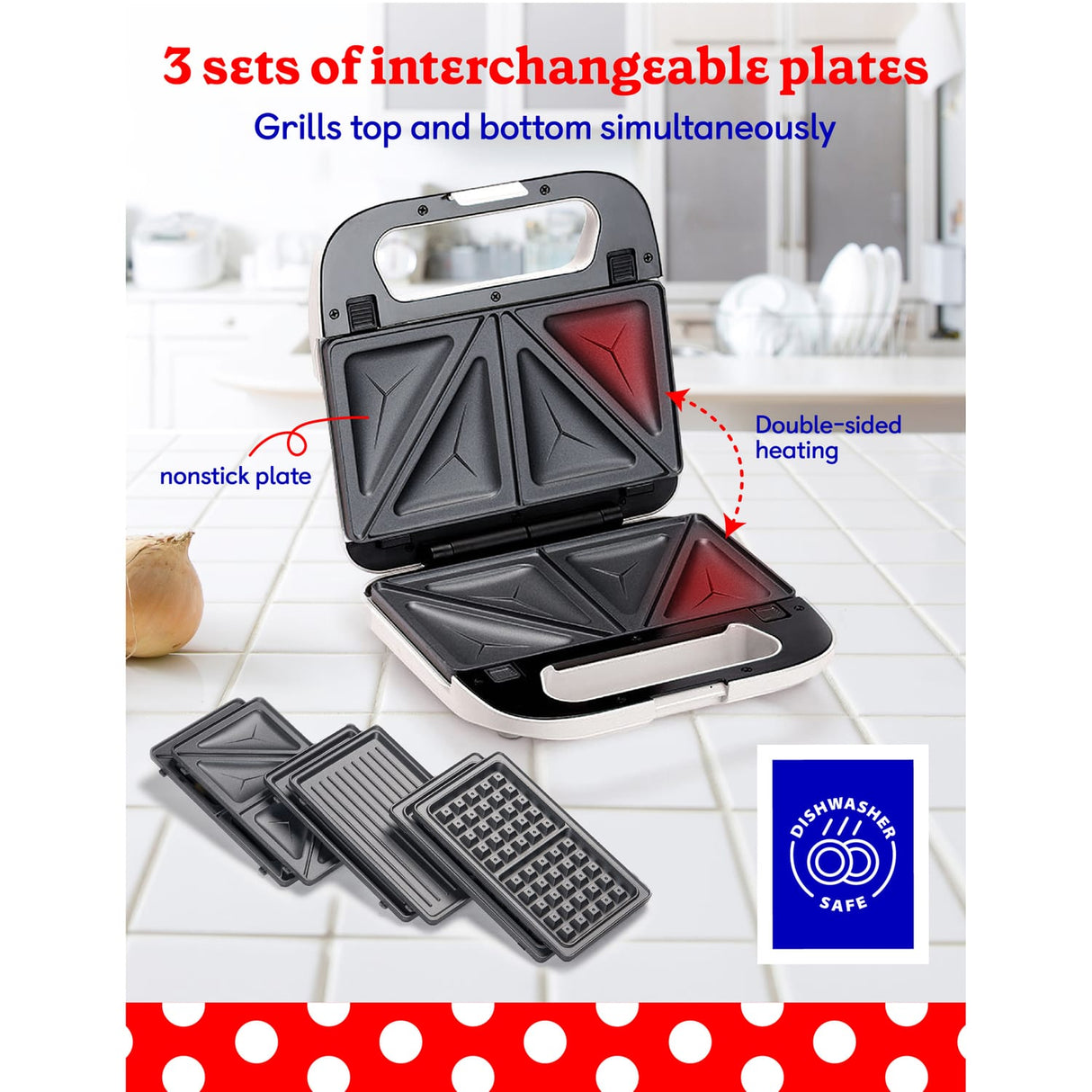 Betty Crocker 3-in-1 Indoor Electric Grill Plus with Sandwich/Panini Press and Waffle Maker, White