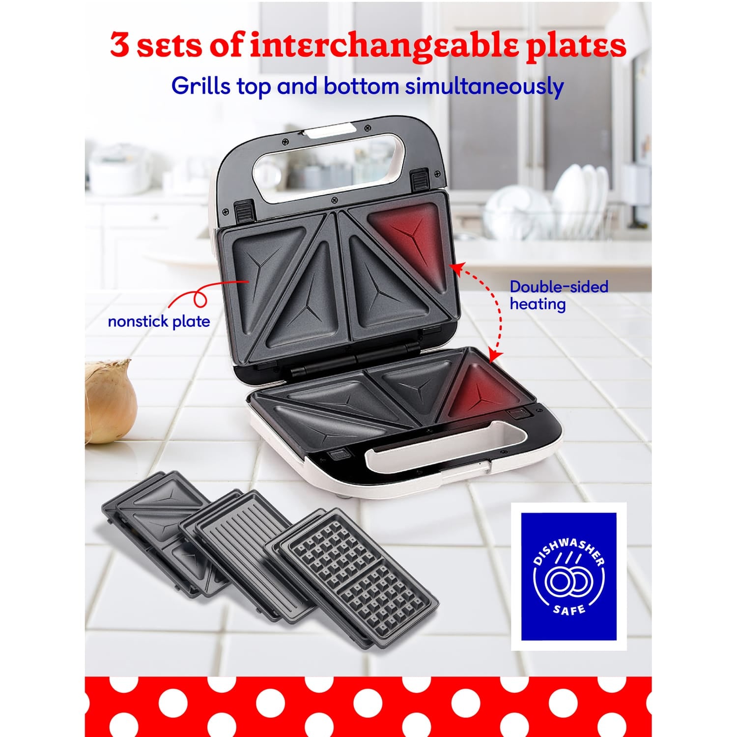 Betty Crocker 3-in-1 Indoor Electric Grill Plus with Sandwich/Panini Press and Waffle Maker, White