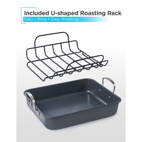 Black+Decker Large Turkey Roasting Pan with Rack and Stainless Steel Handles, Carbon Steel with Ceramic Nonstick Coating, BDK400B
