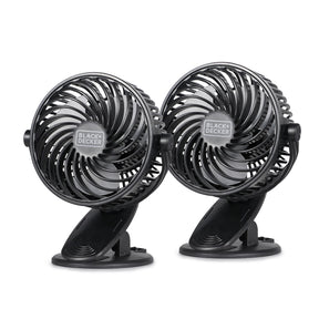 Black+Decker BFDC42PK 4-In. 3-Speed Portable USB-Powered Convertible Clip Fan, Black, 2 Count