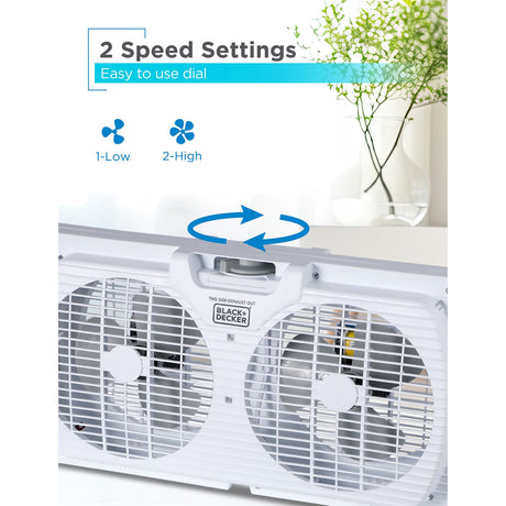 Black+Decker BFW9M 9-In. 2-Speed Twin Window Fan with Adjustable Side Panels, White