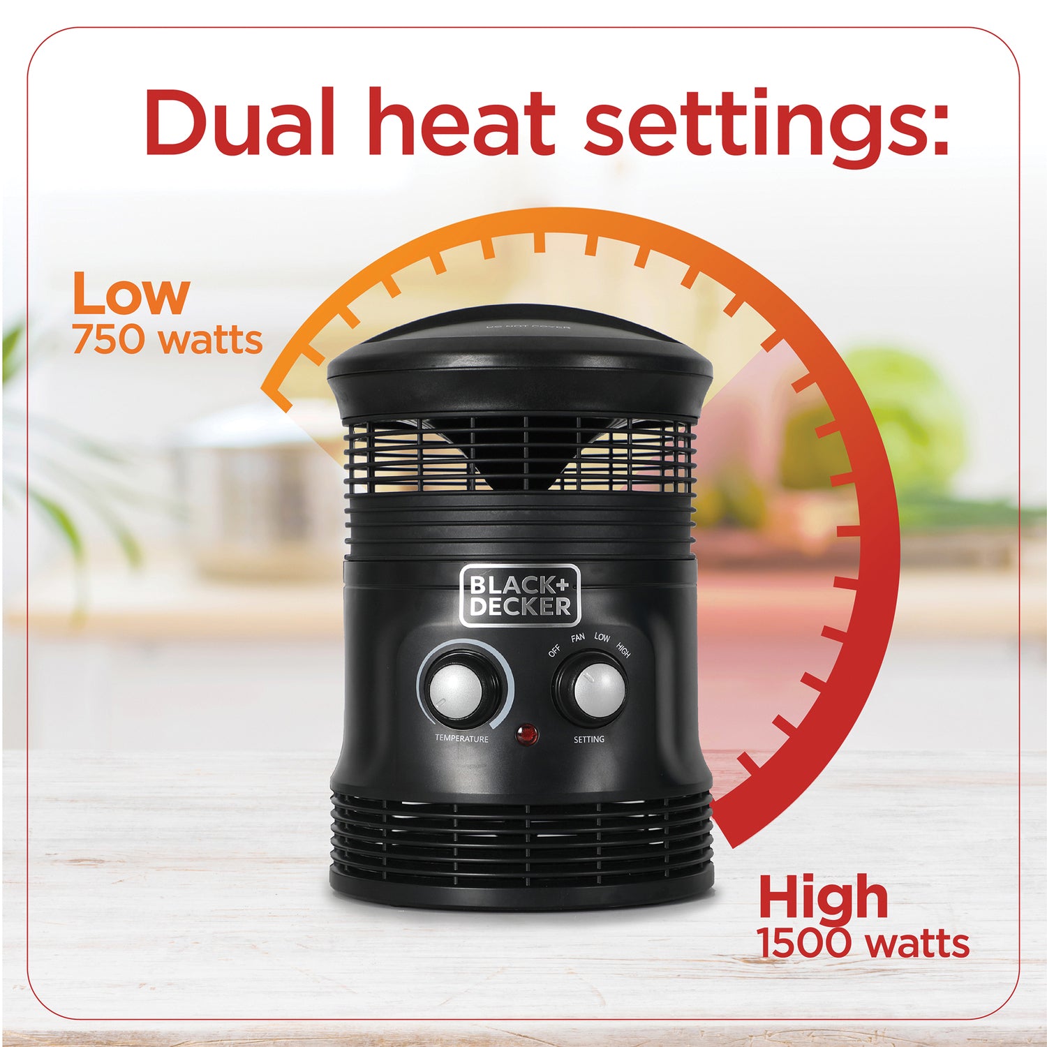 Black+Decker 360° Surround Portable Electric Heater and Fan, 1500/750 Watts/Fan Only, 5120 BTUs, Thermostat, Safety Features, 70.8-In. Cord