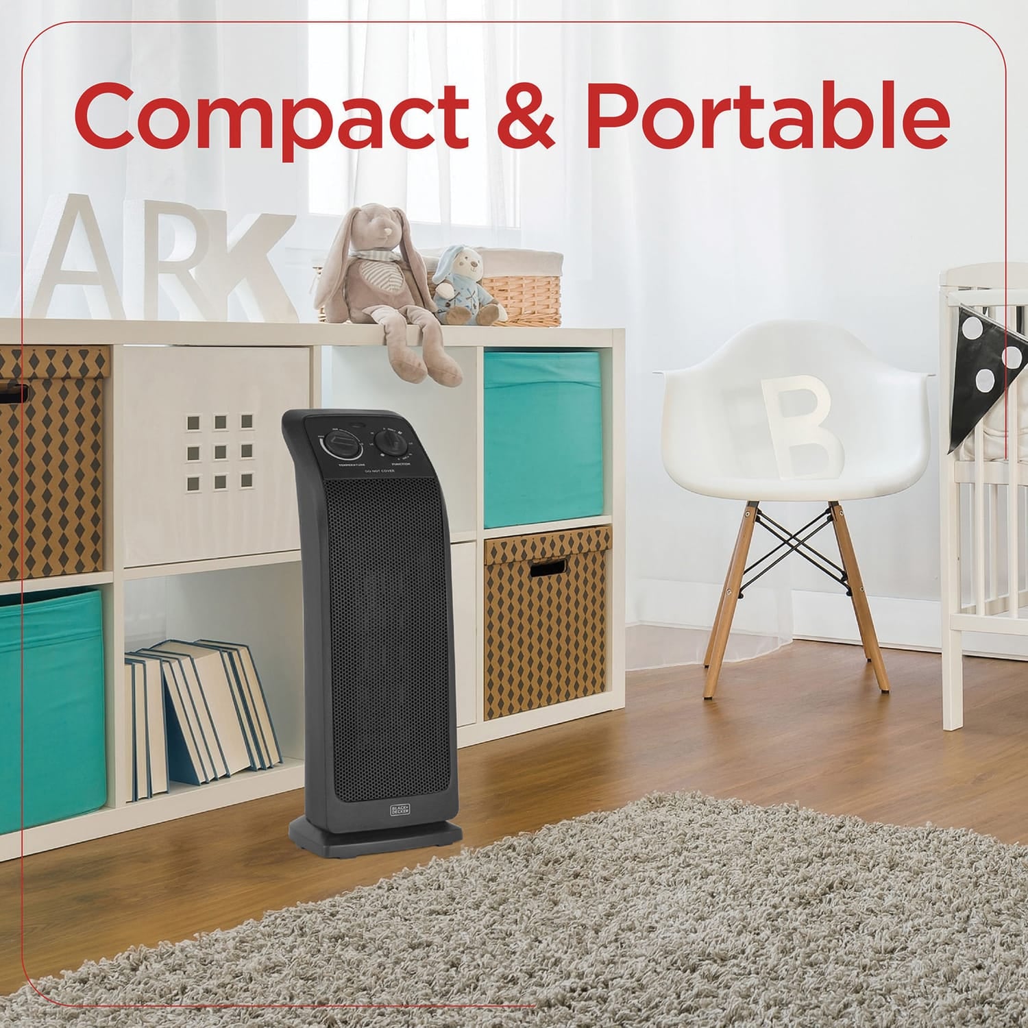 Black+Decker Oscillating Ceramic Tower Heater and Fan, 1500/1000/Fan Only, 5120 BTUs, 75° Oscillation, Thermostat, Safety Features, 70.8-In. Cord