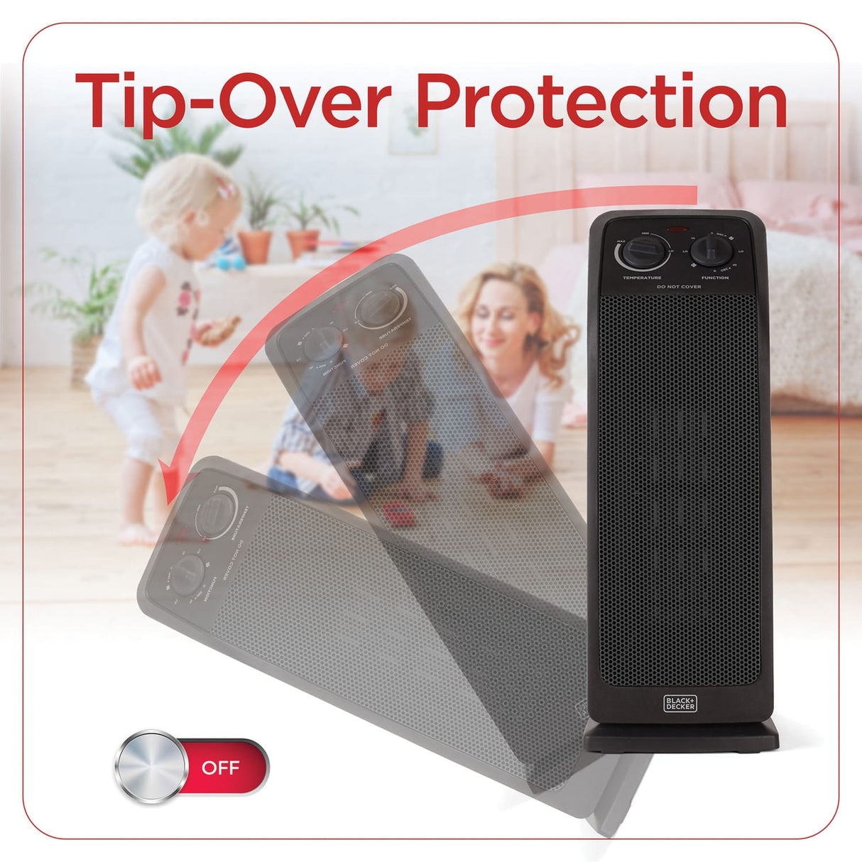 Black+Decker Oscillating Ceramic Tower Heater and Fan, 1500/1000/Fan Only, 5120 BTUs, 75° Oscillation, Thermostat, Safety Features, 70.8-In. Cord