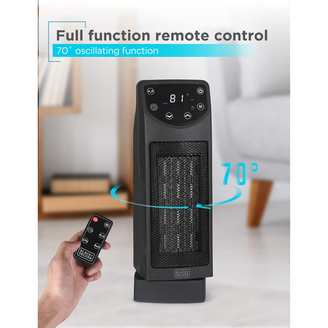 Black+Decker Portable Oscillating Ceramic Mini Tower Heater and Fan Combo, 1500/1000 Watts/Fan Only, 5100 BTU, 70° Oscillation, Remote, 6-Ft. Cord
