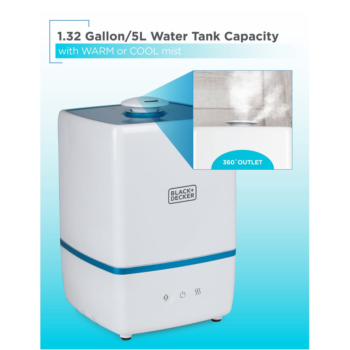 Black+Decker 1.32-Gallon Top-Fill Ultrasonic Humidifier with Warm and Cool Mist, Negative Ions, Aromatherapy Compartment, up to 28 Hours Run Time