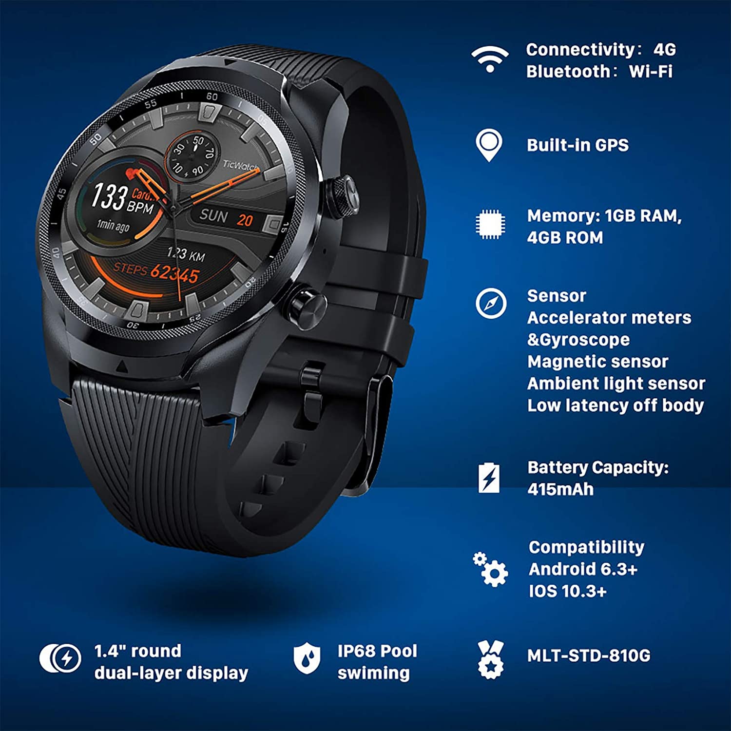 TicWatch WF11018 Pro 4G LTE GPS Smartwatch Black