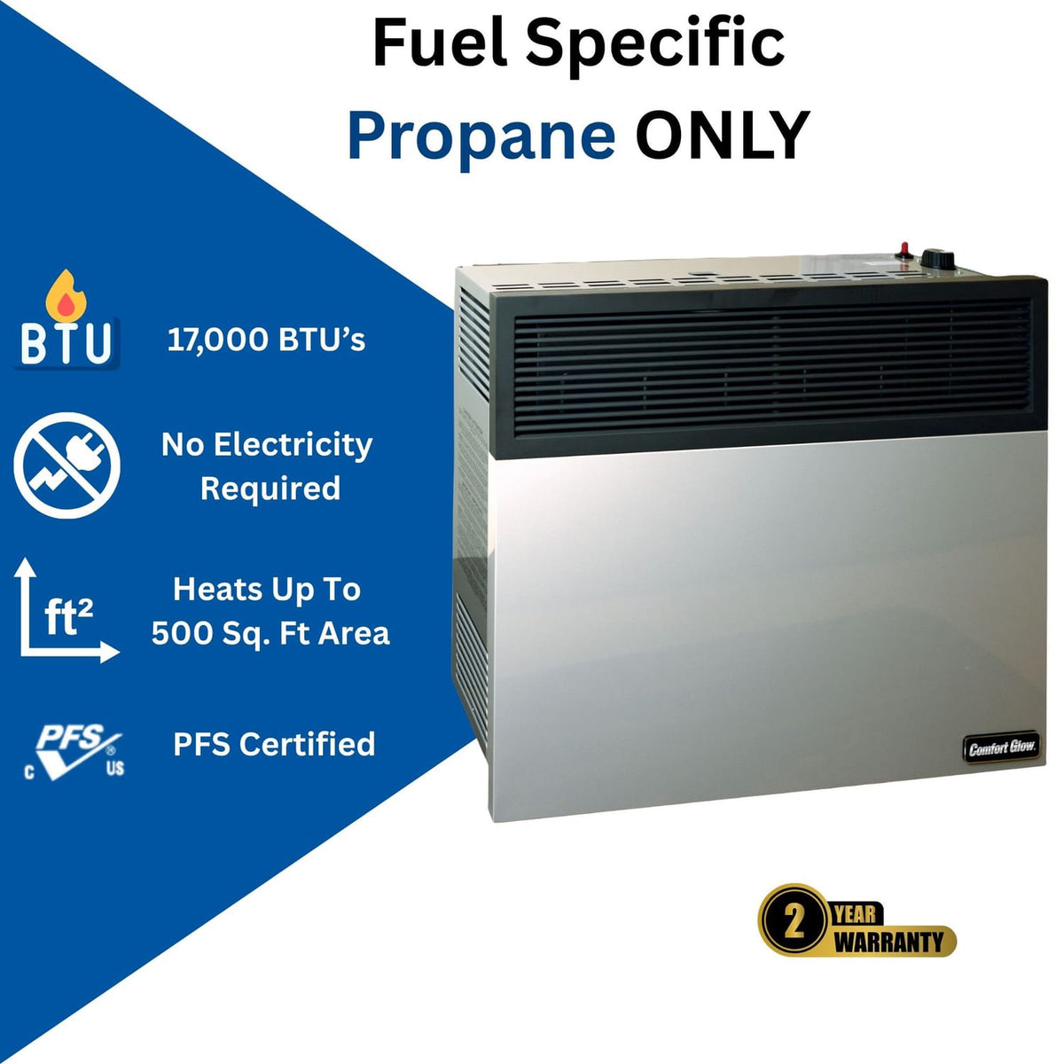 Comfort Glow 17000 BTU Direct-Vent Propane Wall Heater with Vent Kit, Matchless Piezo Ignition with T-Stat Control Knob, 500 Sq. Ft, DVP17