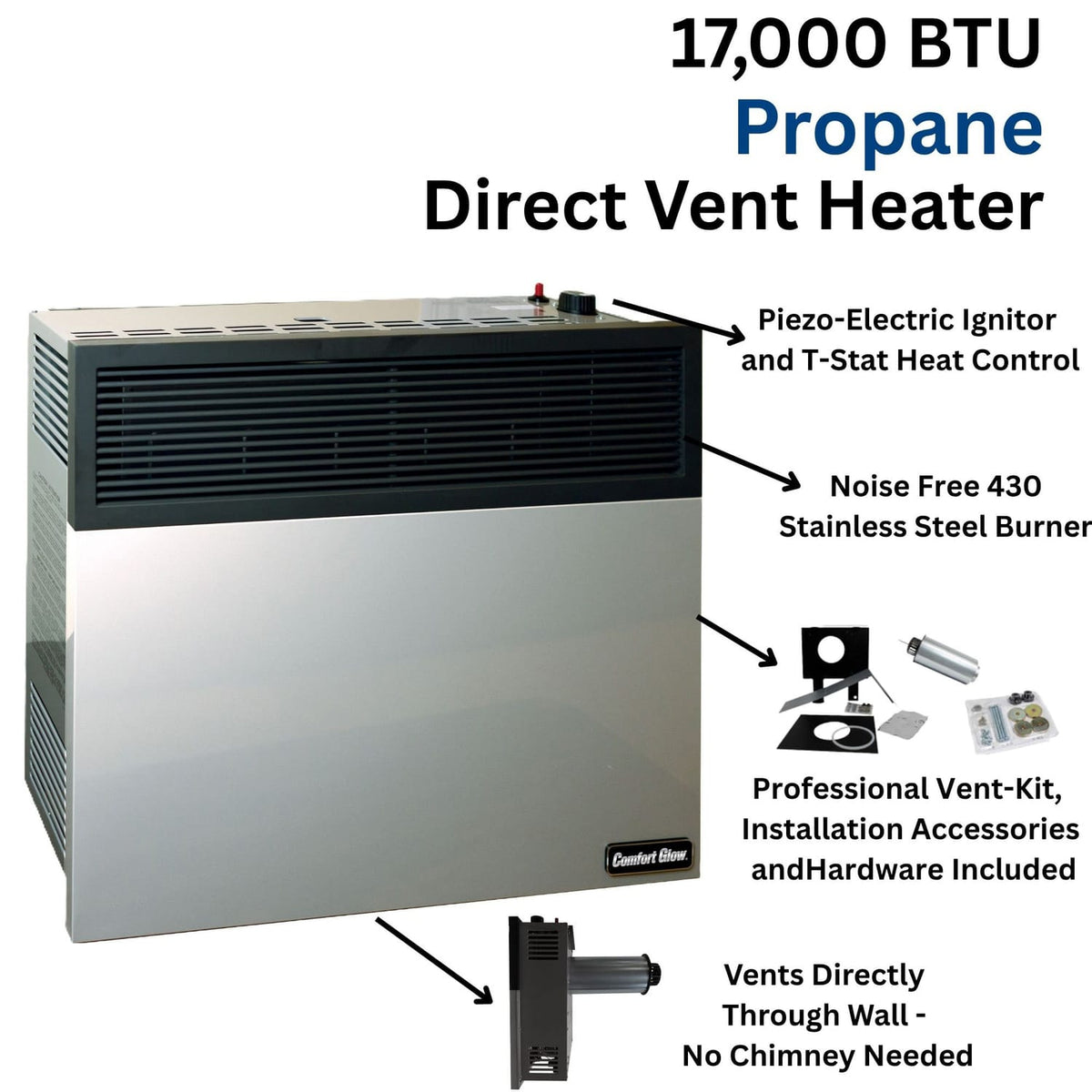 Comfort Glow 17000 BTU Direct-Vent Propane Wall Heater with Vent Kit, Matchless Piezo Ignition with T-Stat Control Knob, 500 Sq. Ft, DVP17