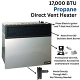 Comfort Glow 17000 BTU Direct-Vent Propane Wall Heater with Vent Kit, Matchless Piezo Ignition with T-Stat Control Knob, 500 Sq. Ft, DVP17