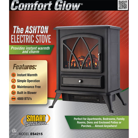 Comfort Glow Ashton Freestanding Portable Electric Fireplace Stove Heater with Blower, 1500/750 Watts, 4800 BTUs, 3D Flame Effect, 6-Ft. Cord