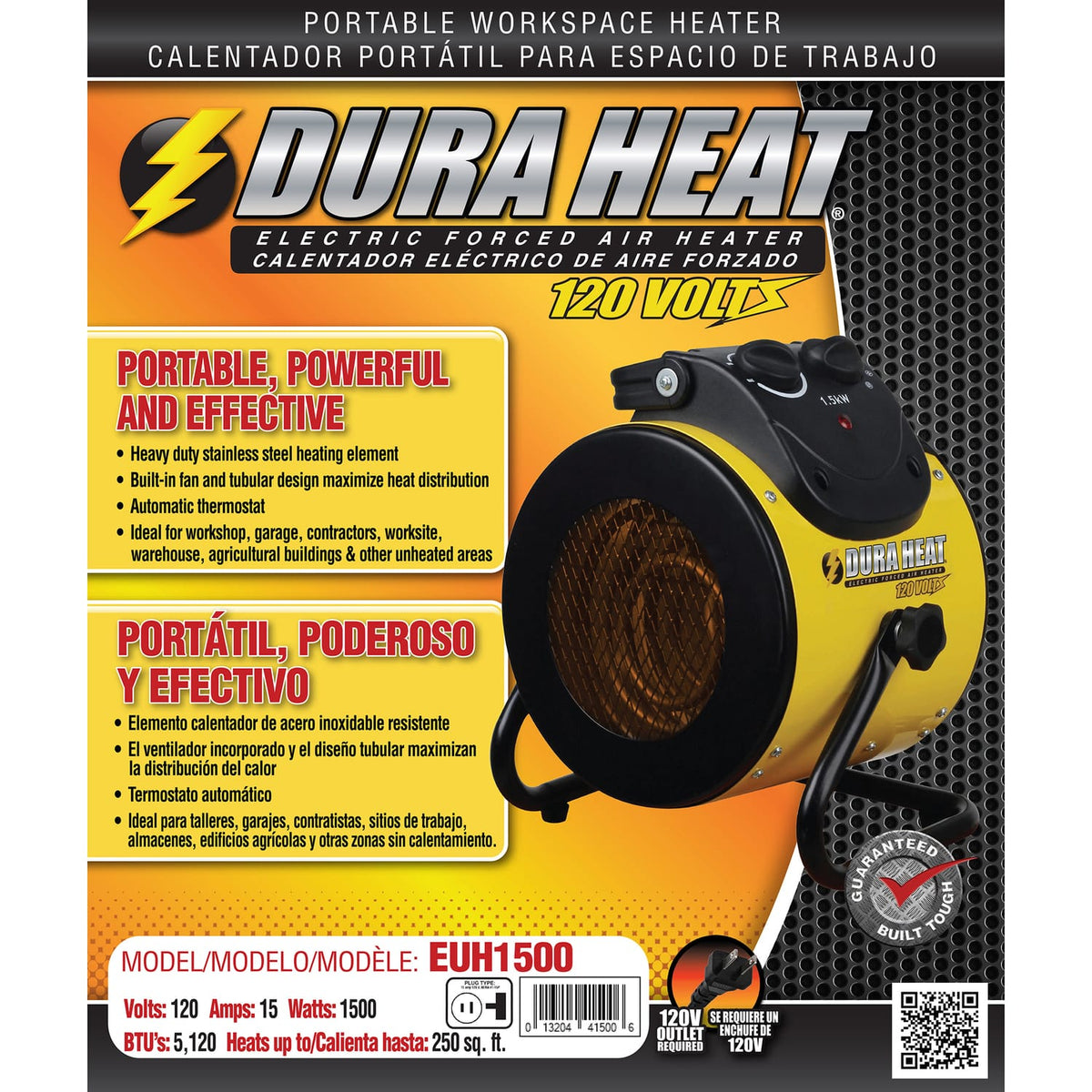 Dura Heat Portable Electric Workspace Heater and Fan Combo, 1500 Watts, High/Fan Only, 5120 BTUs, Thermostat, Adjustable Stand, Handle, 6-Ft. Cord