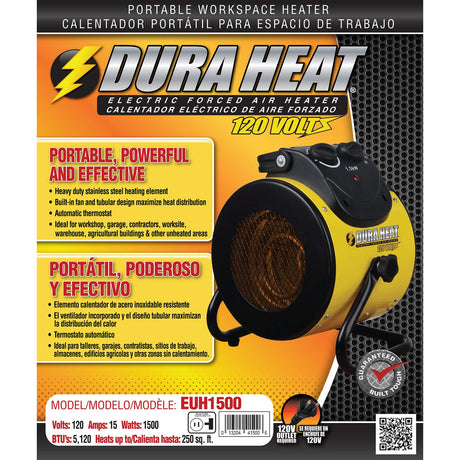 Dura Heat Portable Electric Workspace Heater and Fan Combo, 1500 Watts, High/Fan Only, 5120 BTUs, Thermostat, Adjustable Stand, Handle, 6-Ft. Cord