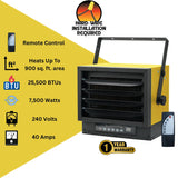 Dura Heat 240-Volt Hardwired Electric Garage Heater and Fan Combo, 7500 Watts, 25500 BTUs, Mounting Kit, Remote with Adjustable Thermostat