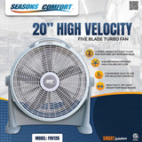 Seasons Comfort FHV120 20-In. 3-Speed High-Velocity Heavy-Duty Air-Circulator Floor Fan with 340° Tilting Head