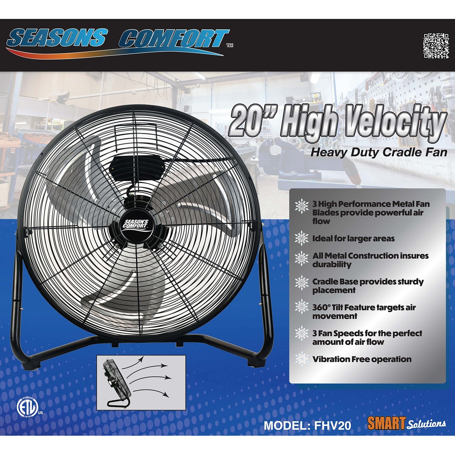 Seasons Comfort 20-In. 3-Speed High-Velocity Heavy-Duty Floor Fan, FHV20, Black