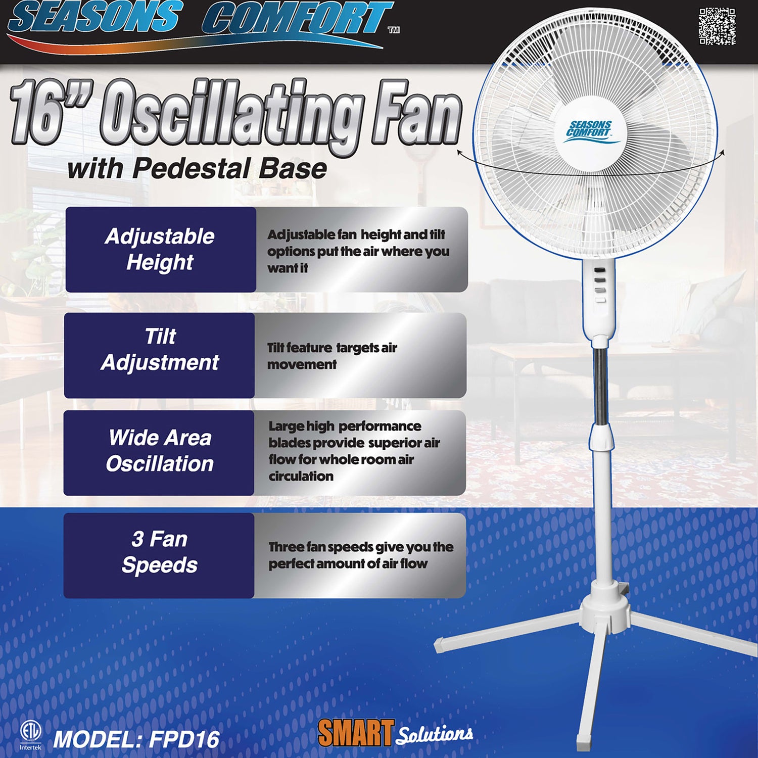 Seasons Comfort 16-In. 3-Speed Oscillating Fan with Pedestal Base, FPD16, White