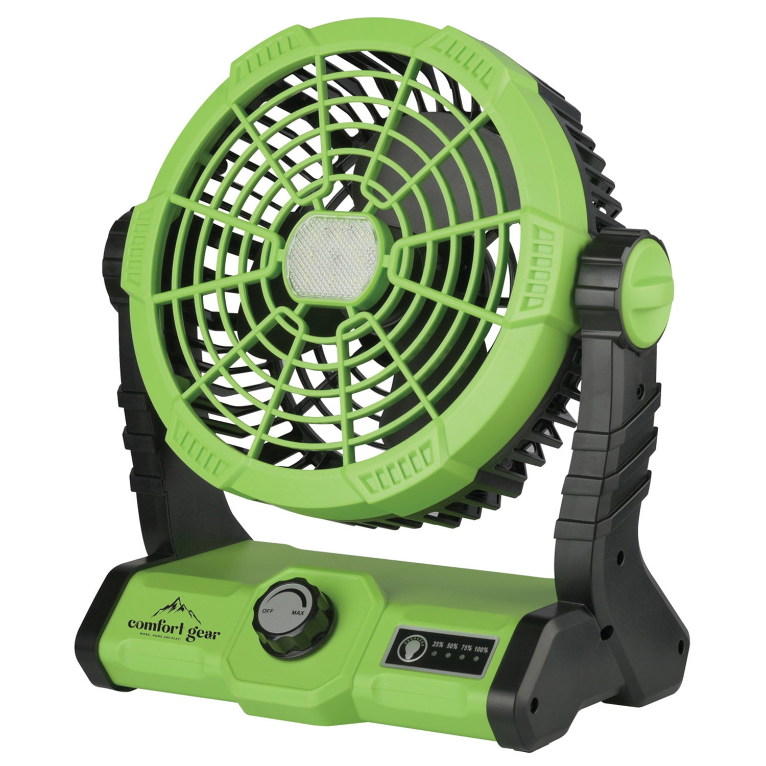 Comfort Gear 8-In. Variable-Speed Rechargeable Utility Floor Fan with LED Light, FRC25, Green and Black