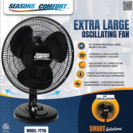 Seasons Comfort 16-In. 3-Speed Oscillating Table Fan, FTT16, Black