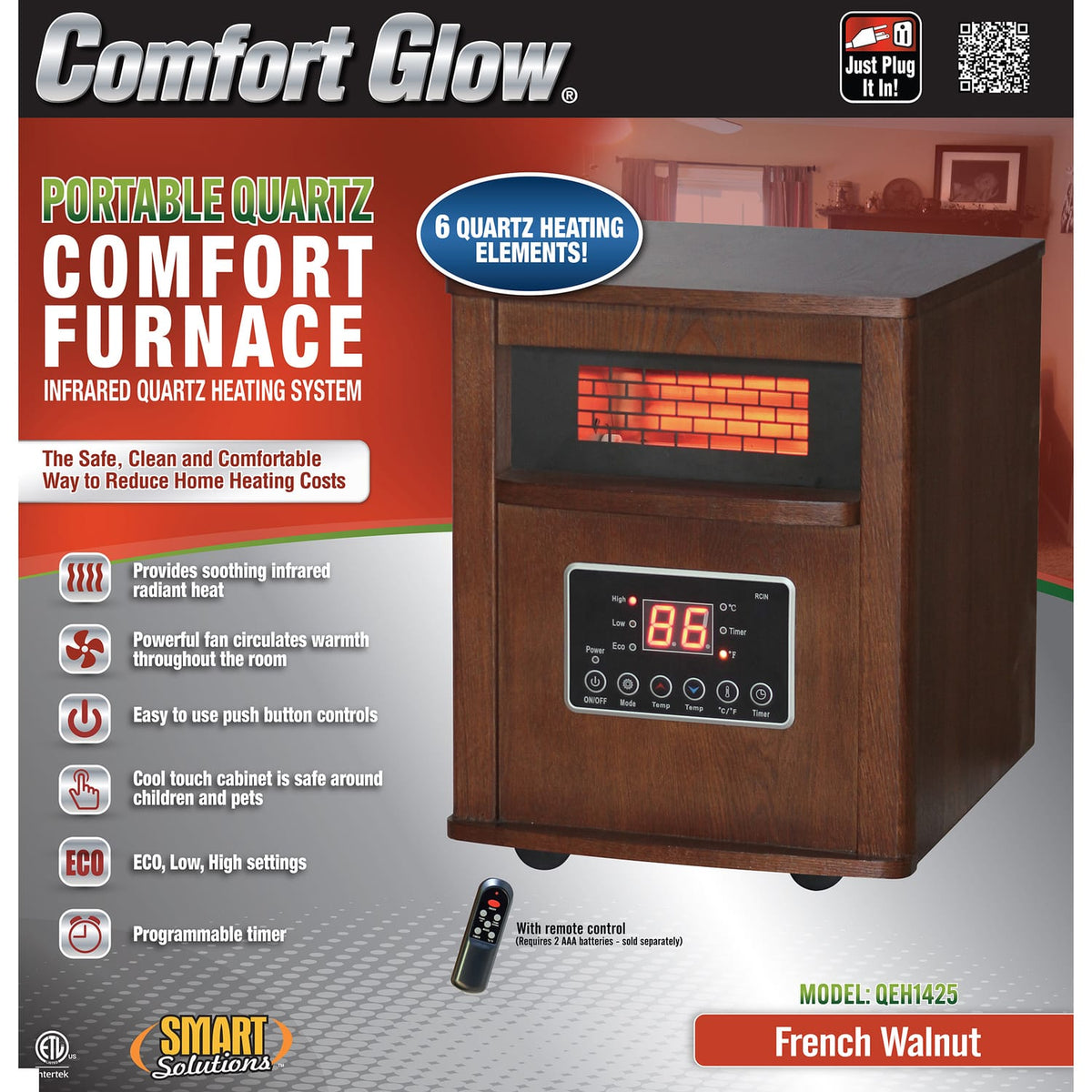Comfort Glow Portable Electric Cabinet Forced-Air Infrared Quartz Heater, 1500/750/ECO, 5120 BTUs, 6 Elements, LED Display, Remote, 6-Ft. Cord