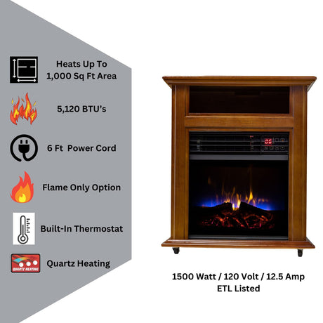 Comfort Glow Mobile Electric Quartz Fireplace Heater with Blower, 1500 Watts, 5120 BTUs, Tri-Color Flame Effect, Remote, 6-Ft. Cord, French Walnut