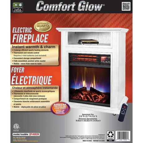 Comfort Glow Mobile Electric Quartz Fireplace Heater with Blower, 1500 Watts, 5120 BTUs, Tri-Color Flame Effect, Remote, 6-Ft. Cord, White