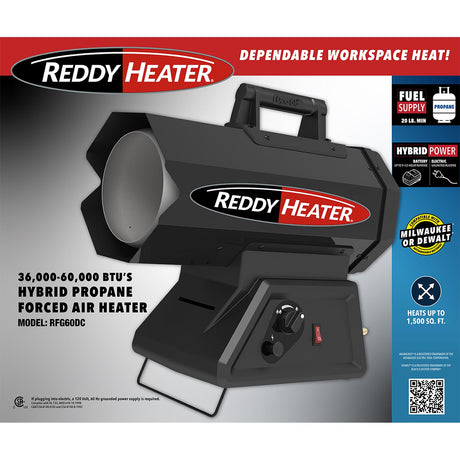 Reddy Heater Portable Forced-Air Hybrid Cordless/Corded Outdoor Propane Heater, 60000 BTUs, 10-Ft. Hose, Regulator for 20-Lb. Propane Tanks