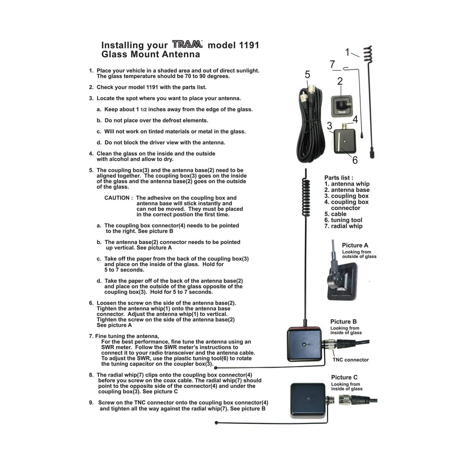 Tram 50-Watt Pretuned Dual-Band 144 MHz to 148 MHz VHF/440 MHz to 450 MHz UHF Amateur Radio Antenna Kit with Glass Mount and Cable