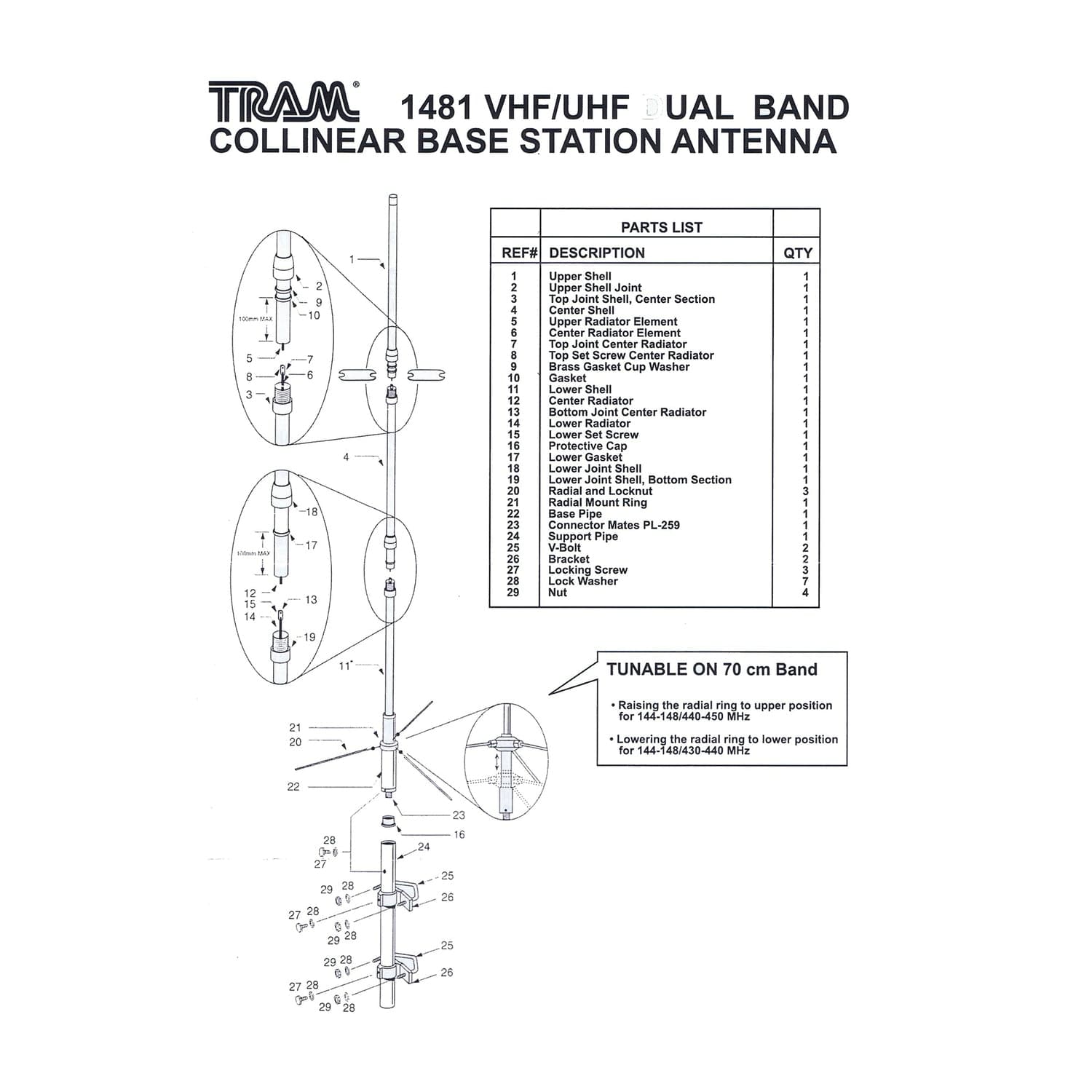 Tram 200-Watt Dual-Band 3-Section Fiberglass Base Antenna with 50-Ohm UHF SO-239 Connector, 17-Ft. Tall, White