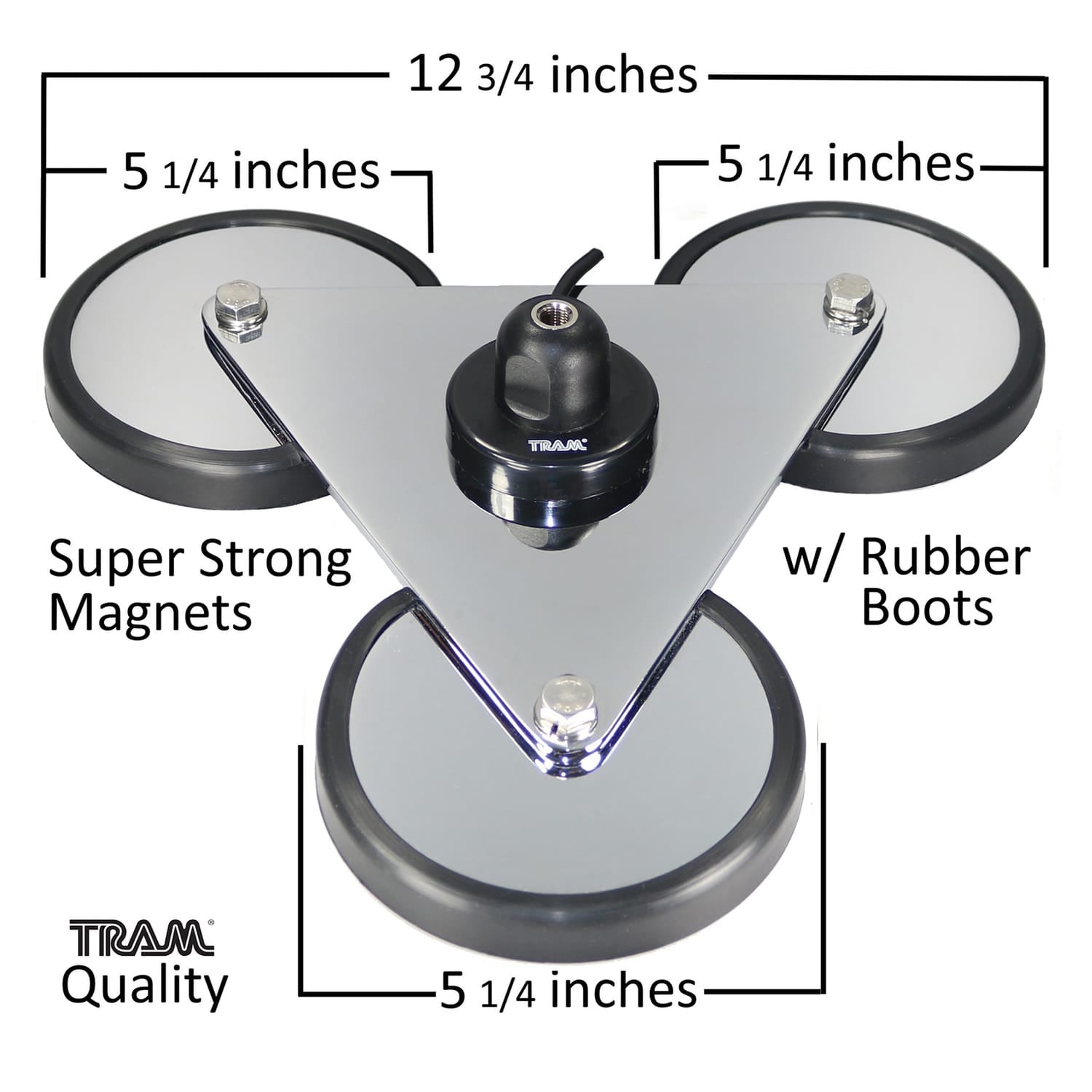 Tram 270 Super-Strong 12-3/4 In. Tri-Magnet CB Antenna Mount with 5-In. Magnets with Rubber Boots, 18-Ft. RG58 Tinned Copper Braid 95% Shield Cable