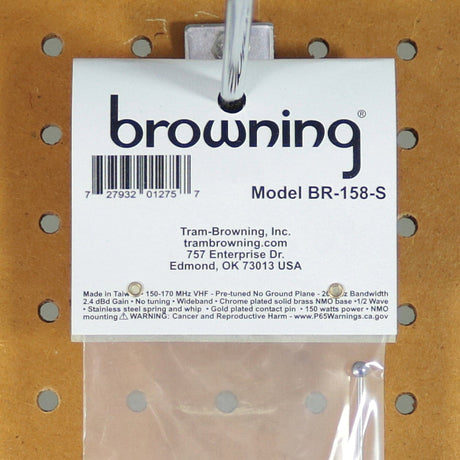 Browning 200-Watt Pretuned Wide-Band 144 MHz to 174 MHz 2.4-dBd-Gain VHF Silver Antenna with Spring and NMO Mounting, BR-158-S