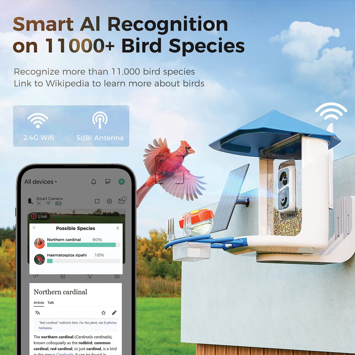 PerchMe Smart Bird Feeder with 2K Camera and Solar Panel, Azure Canopy