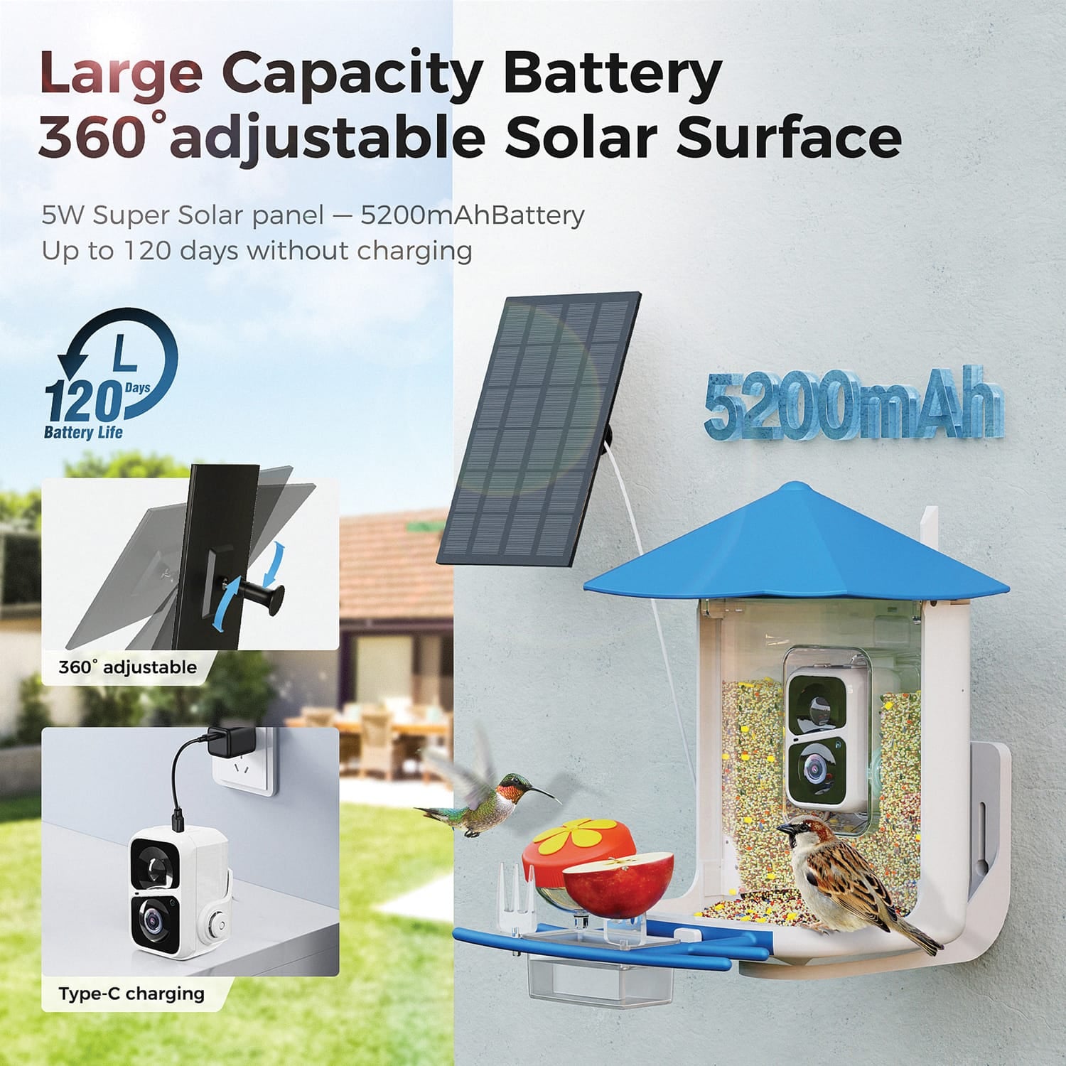 PerchMe Smart Bird Feeder with 2K Camera and Solar Panel, Azure Canopy