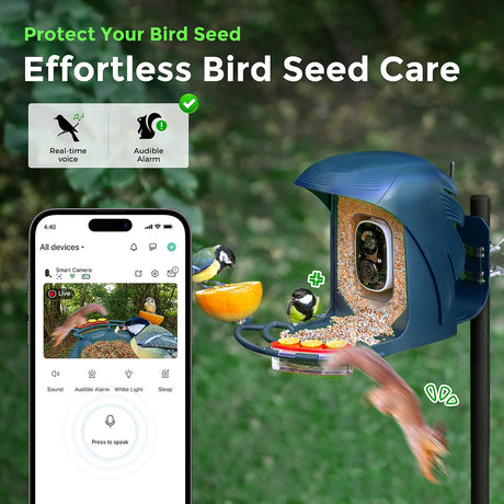 PerchMe AI-Recognition Smart Bird Feeder with Camera, Solar Powered, Navy Blue