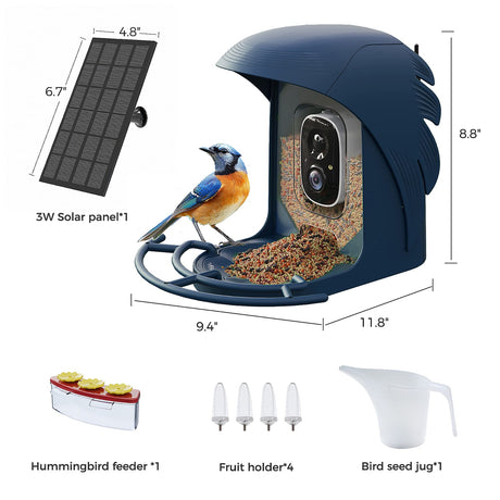 PerchMe AI-Recognition Smart Bird Feeder with Camera, Solar Powered, Navy Blue