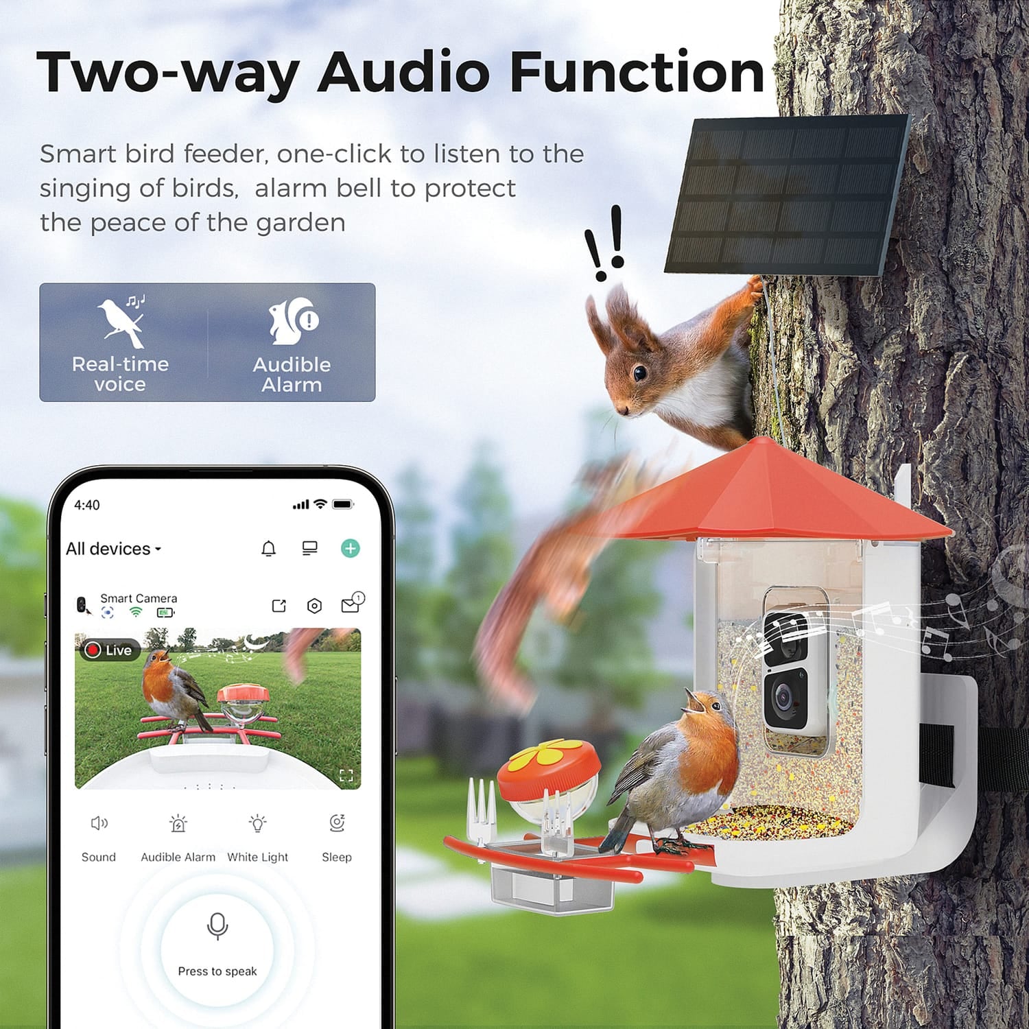 PerchMe AI-Recognition Smart Bird Feeder with Camera, Solar-Powered, Vermilion Canopy