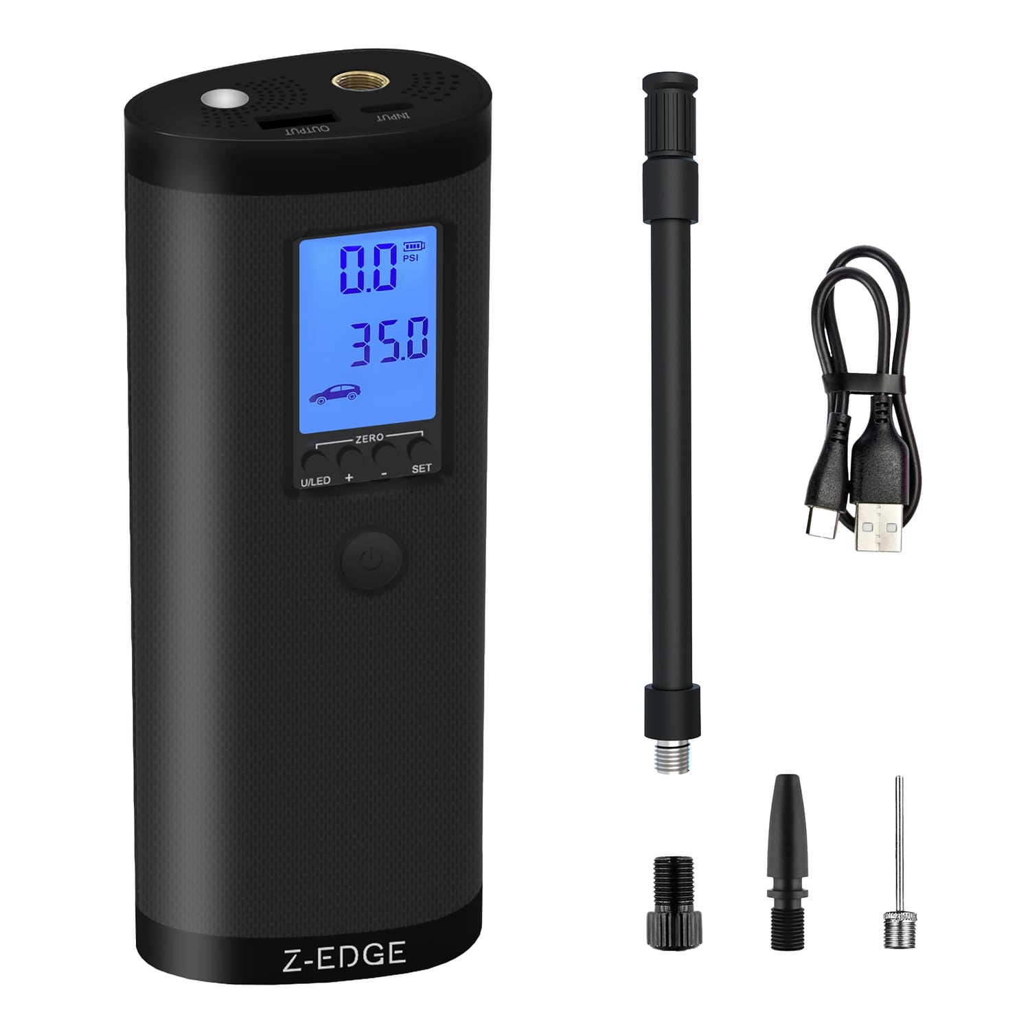 Z-Edge ZA103 Combo 150-PSI Portable Air Inflator and 2000-mAh Power Bank with Digital Display and Carrying Pouch, Black