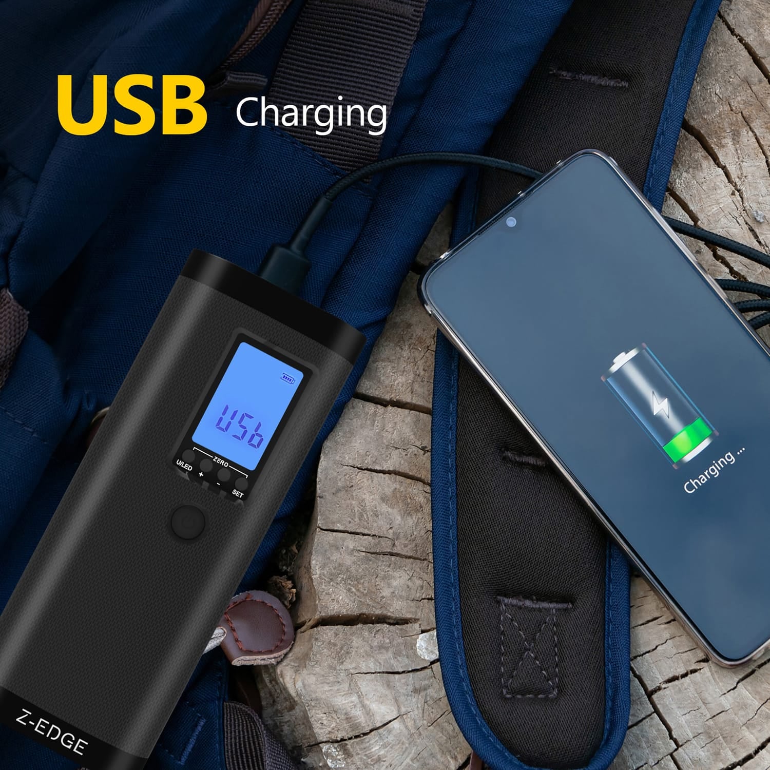Z-Edge ZA103 Combo 150-PSI Portable Air Inflator and 2000-mAh Power Bank with Digital Display and Carrying Pouch, Black