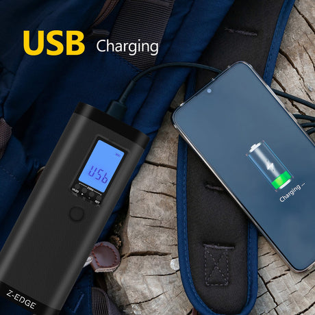 Z-Edge ZA103 Combo 150-PSI Portable Air Inflator and 2000-mAh Power Bank with Digital Display and Carrying Pouch, Black