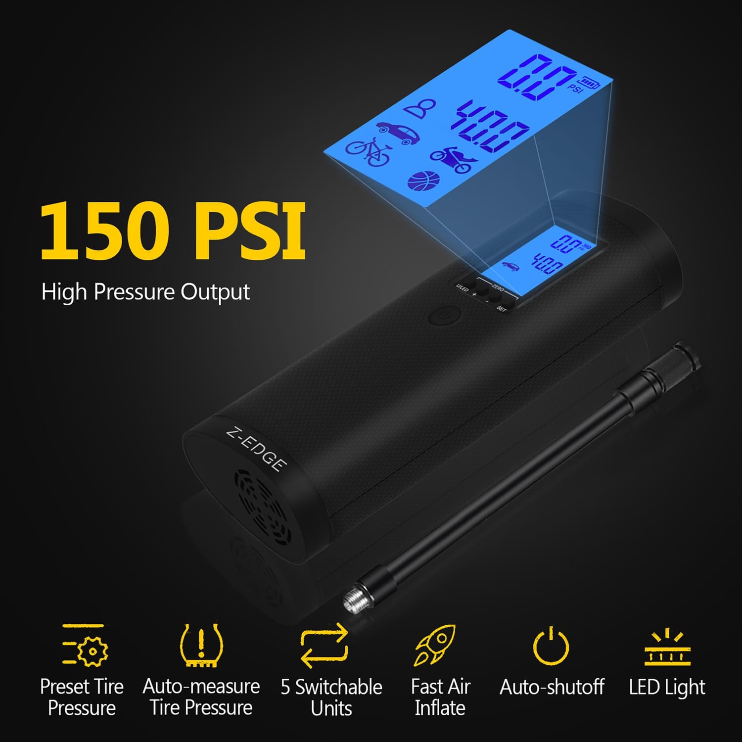 Z-Edge ZA103 Combo 150-PSI Portable Air Inflator and 2000-mAh Power Bank with Digital Display and Carrying Pouch, Black